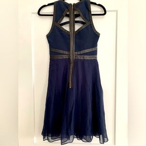 Rebecca Taylor navy Aline Dress Leather Caged Silk sz 0. Fit and Flare.